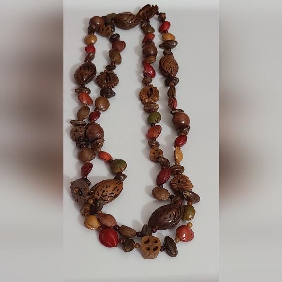 Vintage Jewelry - Vintage nuts and seeds long necklace Fall Autumn 44" beautiful colors euc